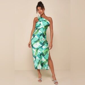 NWT Lulus Iconic Presence Green Abstract Satin One-Shoulder Mini Dress in Size M